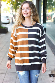 Camel & Charcoal Striped Color Block Sweater | Daverri Fashions