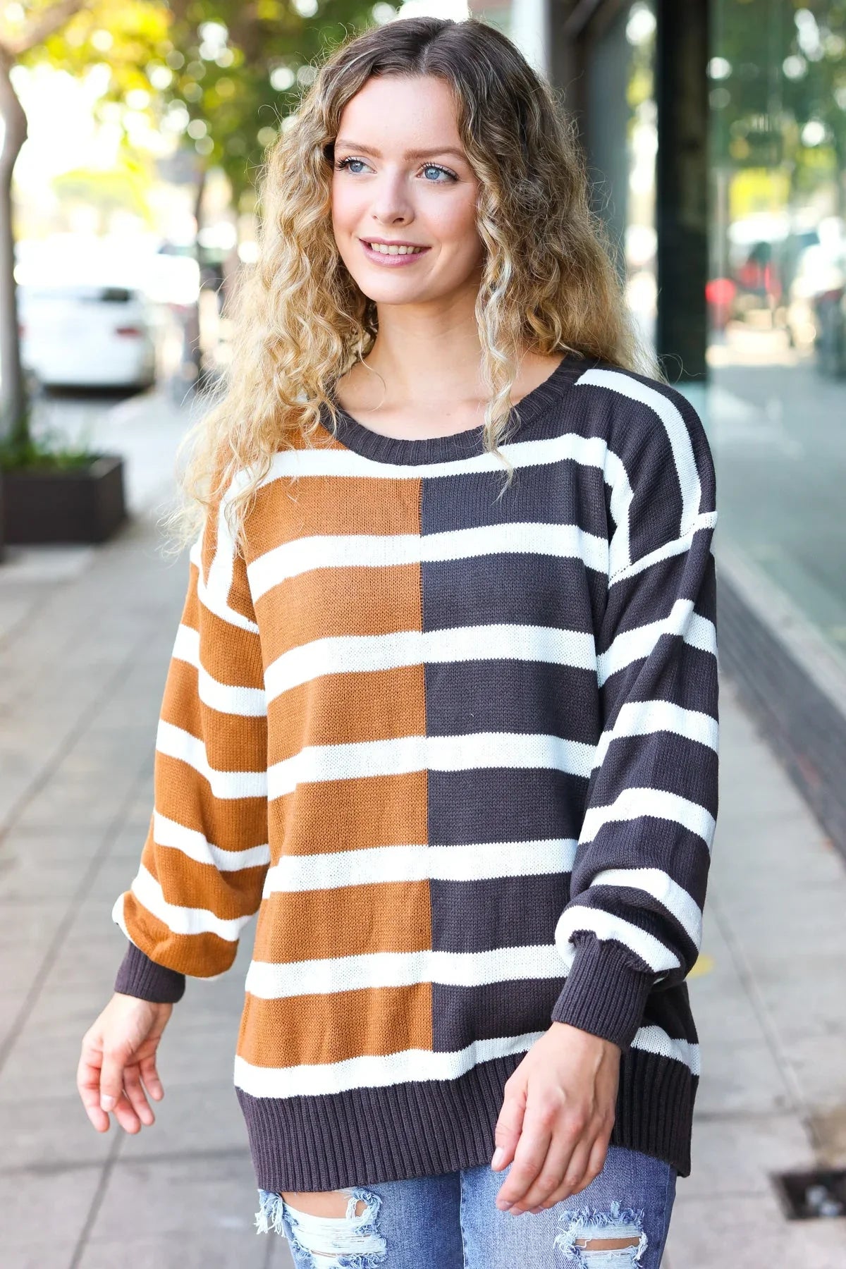 Camel & Charcoal Striped Color Block Sweater | Daverri Fashions