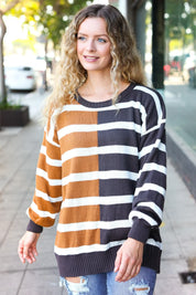 Camel & Charcoal Striped Color Block Sweater | Daverri Fashions