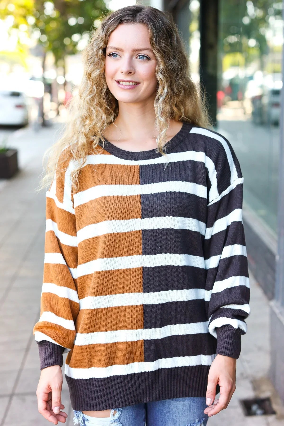 Camel & Charcoal Striped Color Block Sweater | Daverri Fashions