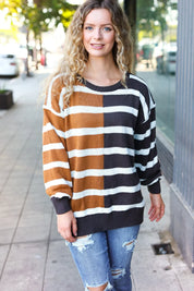Camel & Charcoal Striped Color Block Sweater | Daverri Fashions