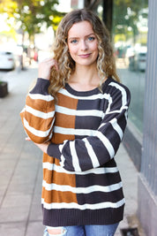 Camel & Charcoal Striped Color Block Sweater | Daverri Fashions