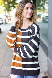 Camel & Charcoal Striped Color Block Sweater | Daverri Fashions