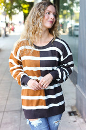 Camel & Charcoal Striped Color Block Sweater | Daverri Fashions