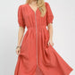 Salmon Umgee zip-front smocked waist midi dress with puffed sleeves