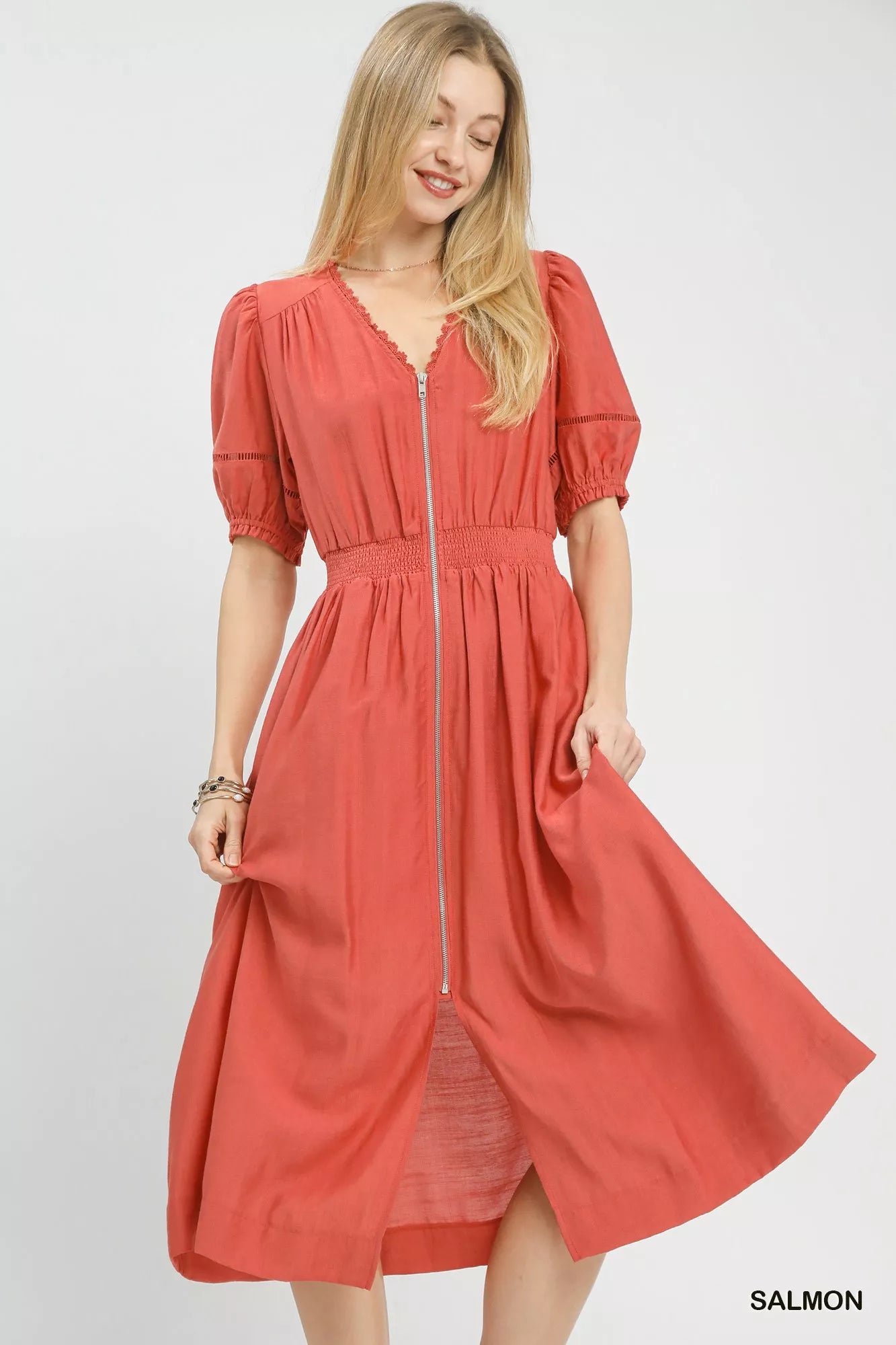 Salmon Umgee zip-front smocked waist midi dress with puffed sleeves