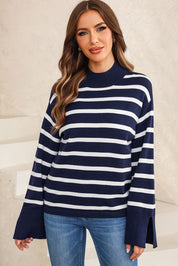 Striped Slit Drop Shoulder Sweater | Sweaters Daverri Fashions