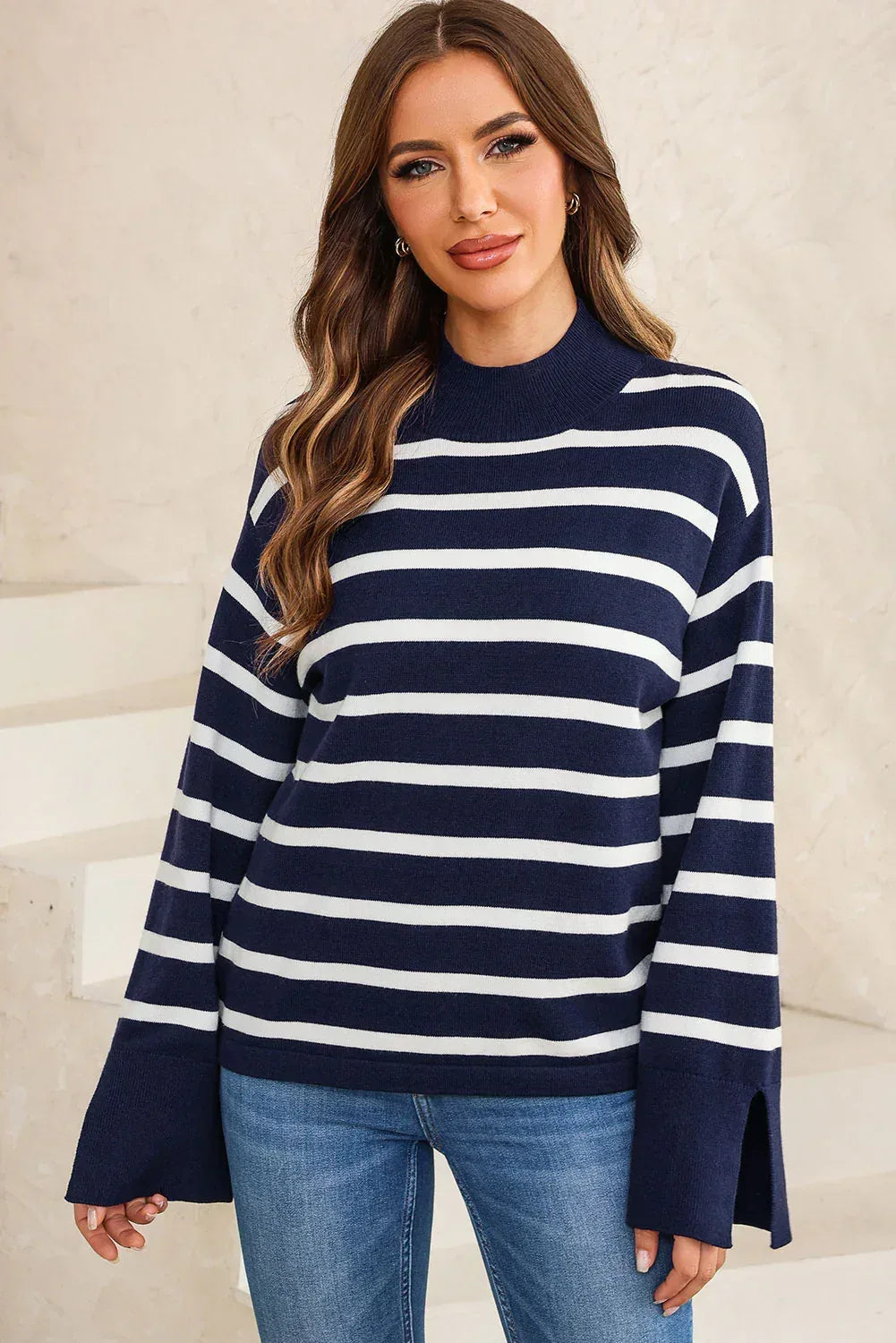 Striped Slit Drop Shoulder Sweater - DAVERRI FASHIONS