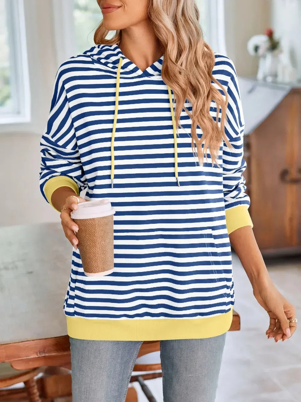 Lovelet Drawstring Striped Long Sleeve Hoodie - DAVERRI FASHIONS