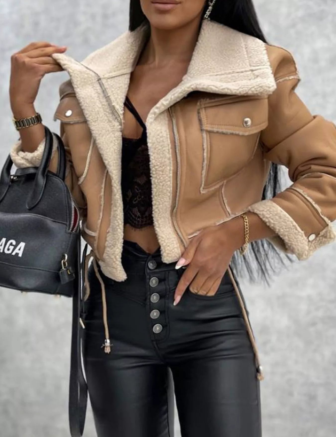 Khaki Sherpa Trim Cropped Jacket | Outerwear Daverri Fashions
