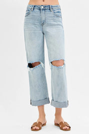 RISEN Full Size Mid Rise Fit Boyfriend Jeans with Cuff | Jeans Daverri Fashions