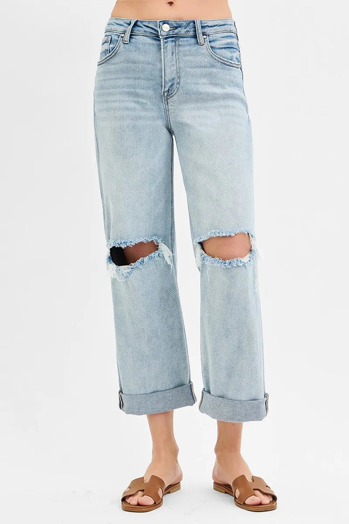 RISEN Full Size Mid Rise Fit Boyfriend Jeans with Cuff Jeans