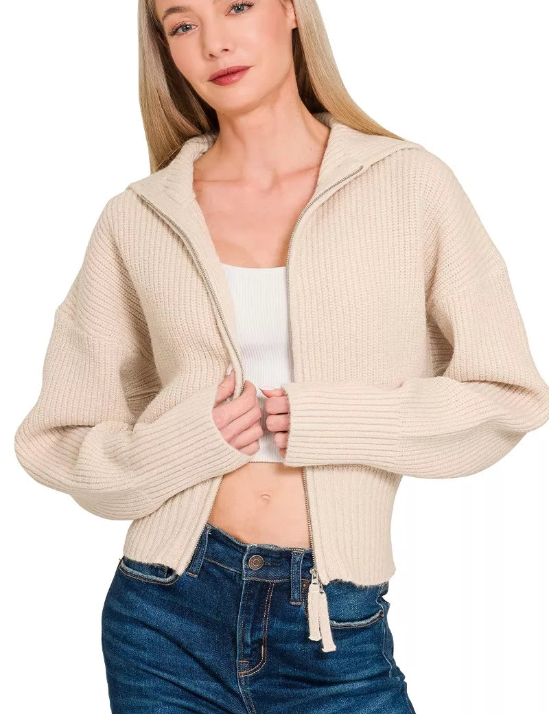 Zenana Ribbed Collared Zip Up Sweater Cardigan | Daverri Fashions