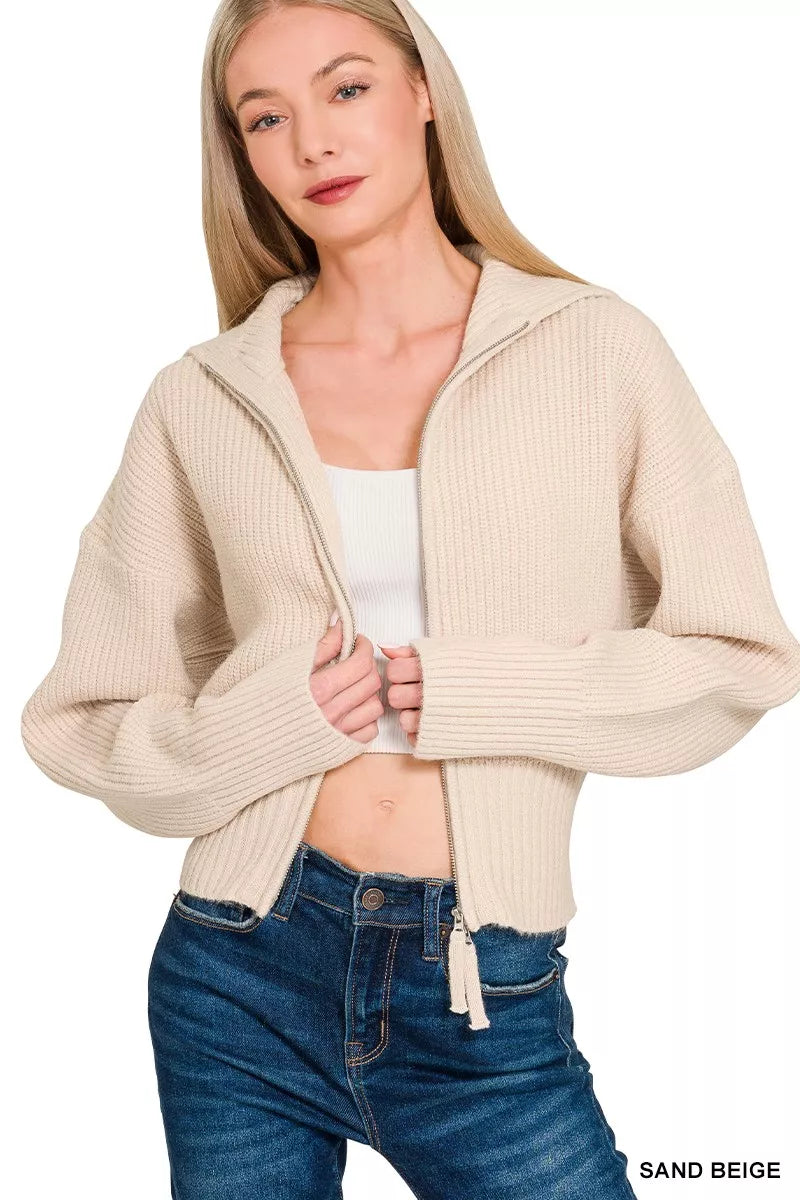 Zenana Ribbed Collared Zip Up Sweater Cardigan | Daverri Fashions