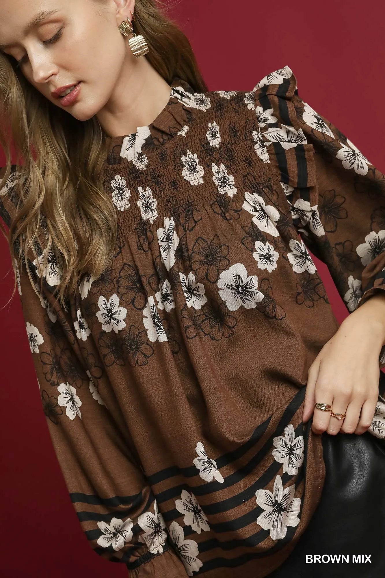 Umgee Full Size Mix Floral Smocked Ruffle Blouse Plus Size Tops
