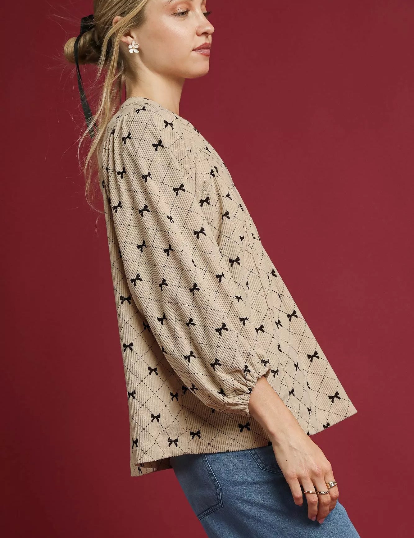 Umgee Corduroy Bow Print Balloon Sleeve Blouse | Blouses Daverri Fashions
