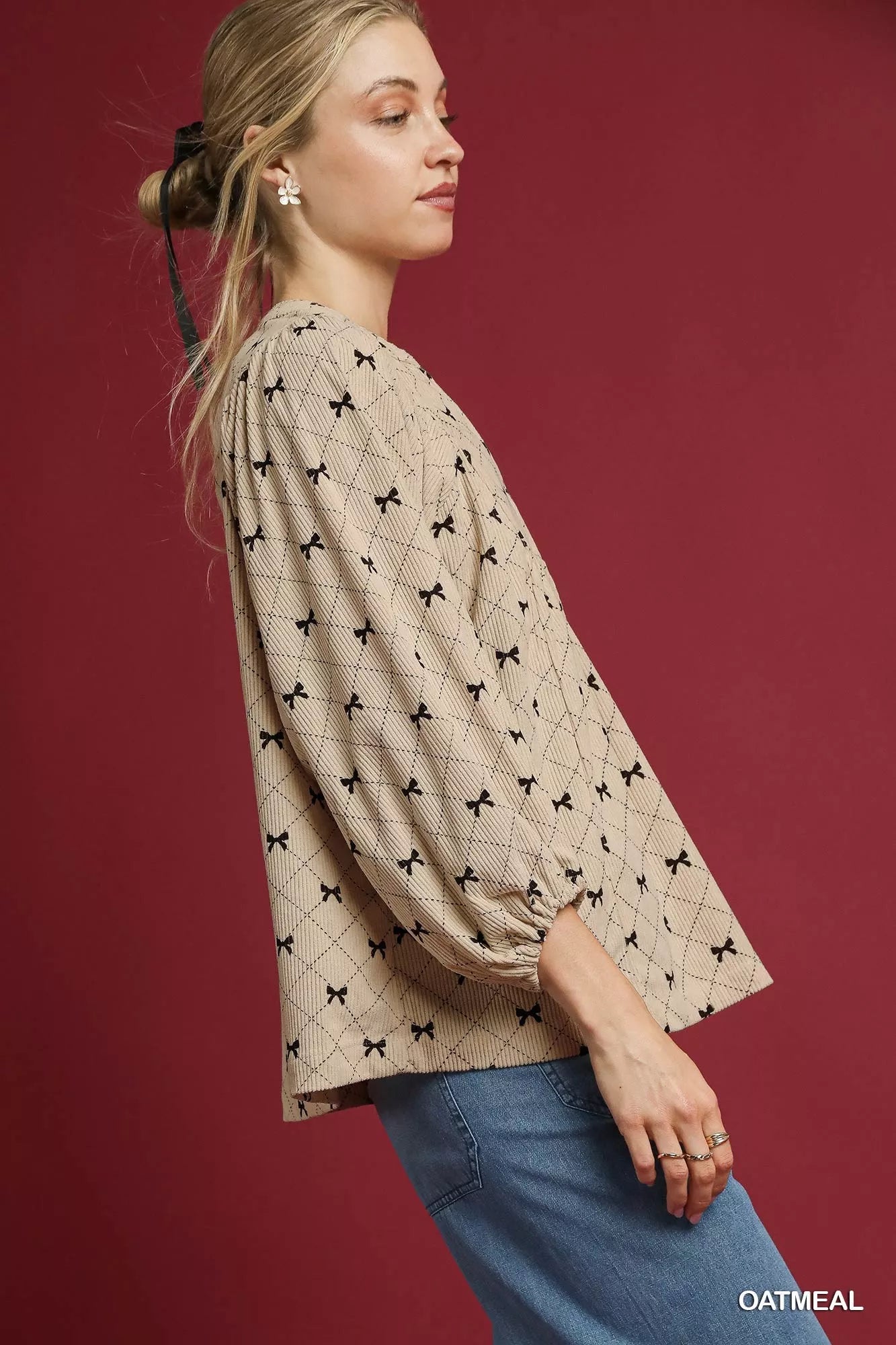 Umgee Corduroy Bow Print Balloon Sleeve Blouse | Blouses Daverri Fashions