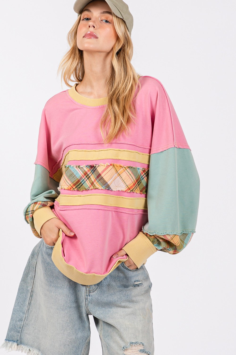 Mineral Washed Raw Edge Color Block Sweatshirt Tops