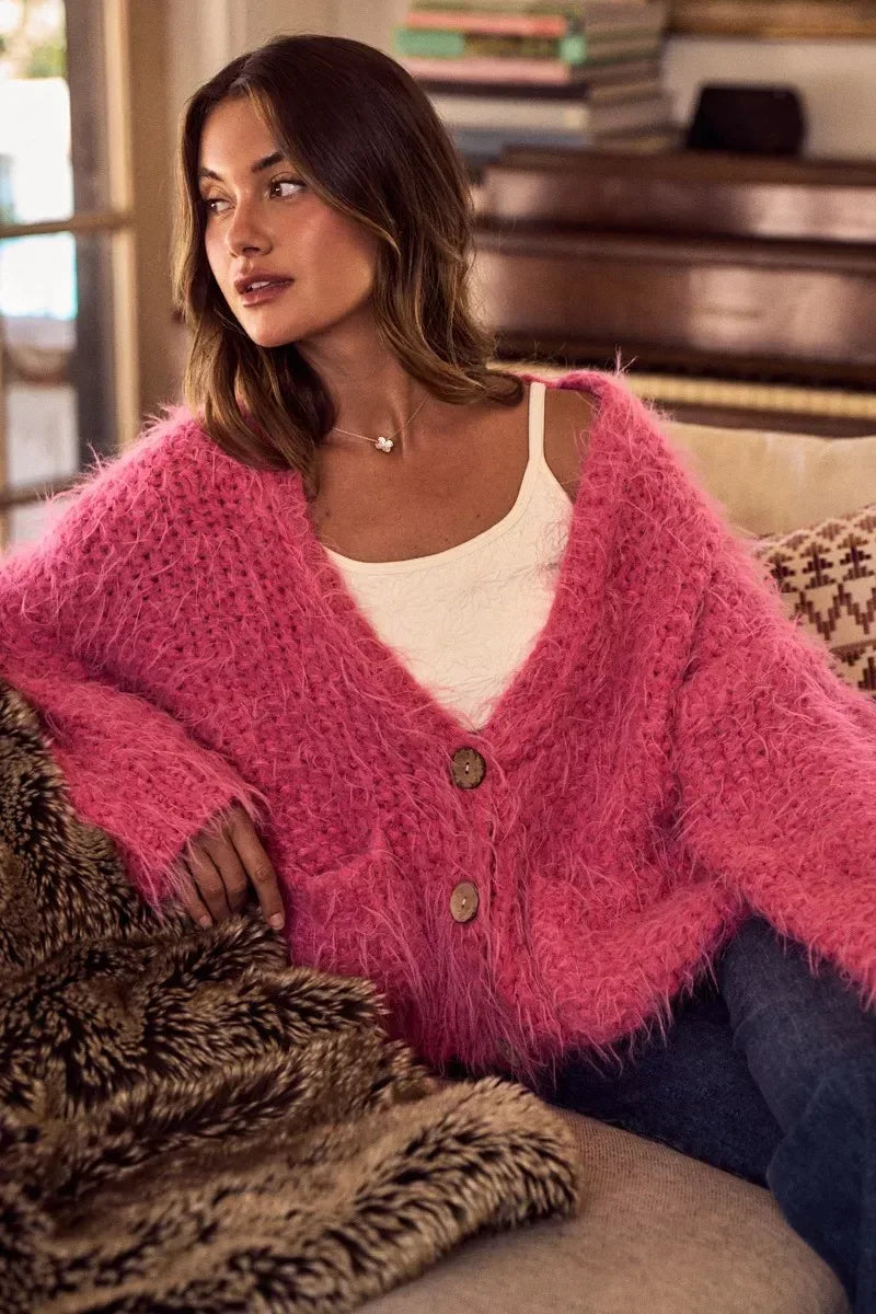 SO ME Soft Touch Hairy Loose Fit Cozy Sweater Cardigan - DAVERRI FASHIONS