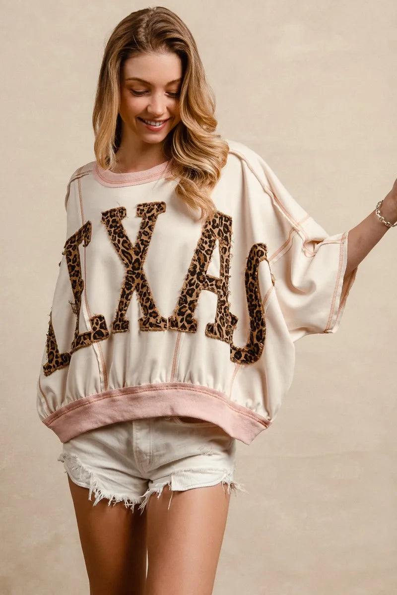BiBi Leopard Print Texas Patchwork Overlock Stitch Top Tops