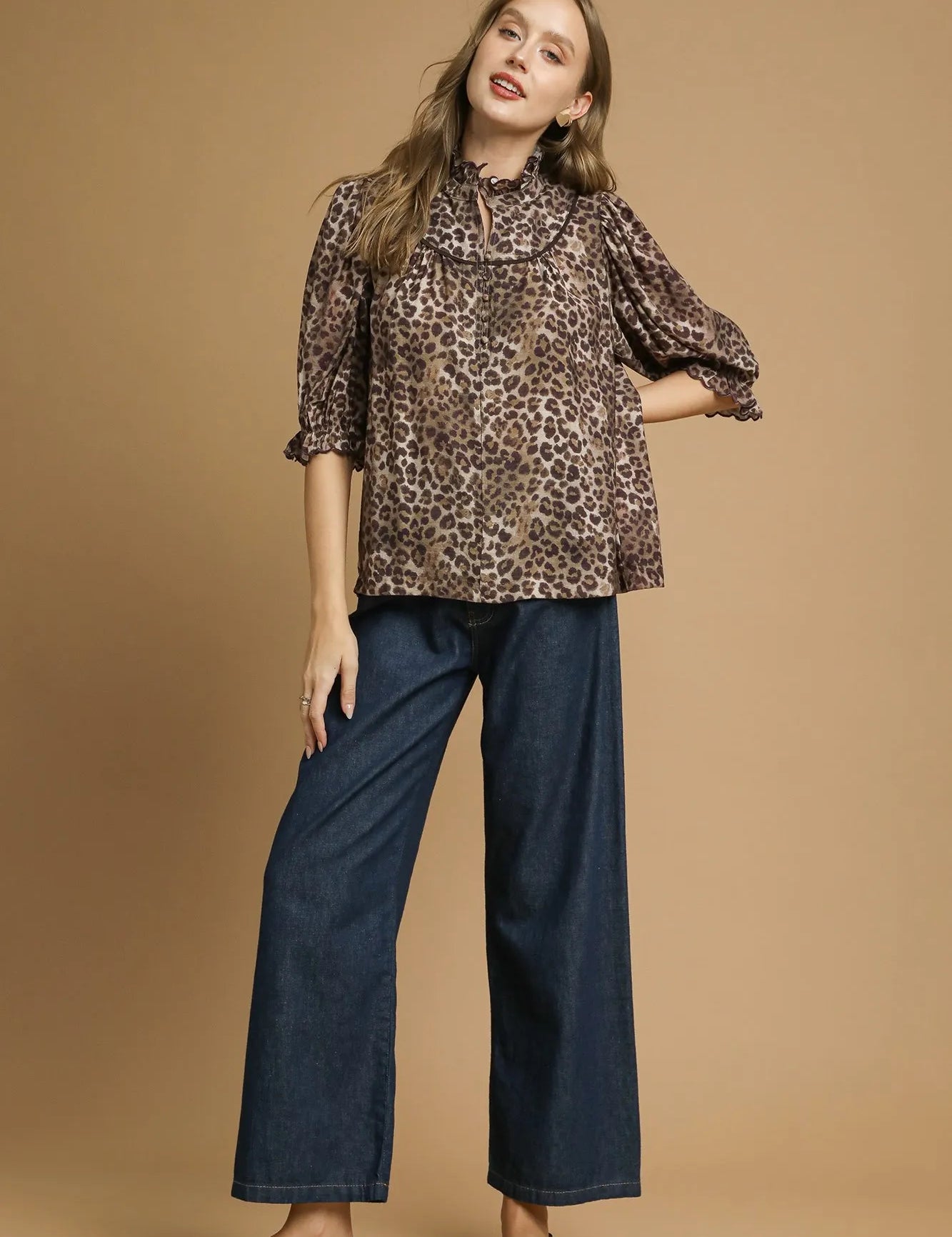 Umgee Leopard Print Ruffle Neck Blouse | Blouses Daverri Fashions
