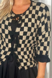 Double Take Tied Checkered Dropped Shoulder Flounce Sleeve Cardigan | Cardigans Daverri Fashions