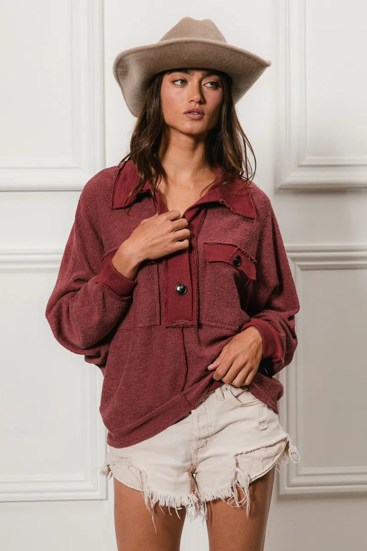 BiBi Cp French Terry Cut Edge Detail Collared Top | Tops Daverri Fashions