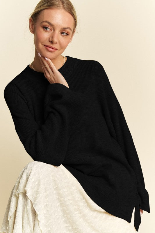 Davi & Dani High-Low Round Neck Drop Shoulder Sweater Tops