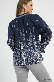 Umgee Midnight Floral Vine Print Blouse with Balloon Sleeves Plus Size | Blouses Daverri Fashions
