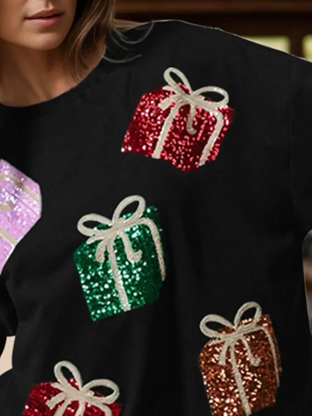 Sequin Gift Box Long Sleeve Sweatshirt - DAVERRI FASHIONS