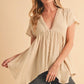 Aemi + Co Tuck Detail V-Neck Short Sleeve Blouse Oatmeal Blouses