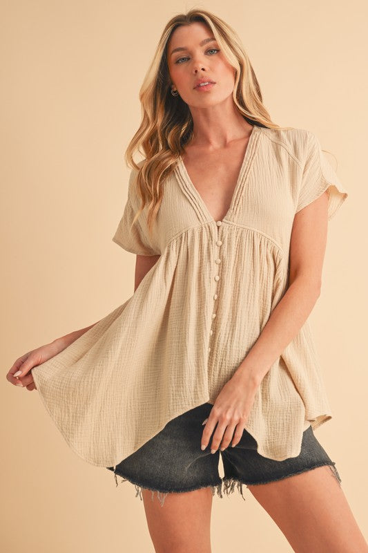 Aemi + Co Tuck Detail V-Neck Short Sleeve Blouse Oatmeal Blouses