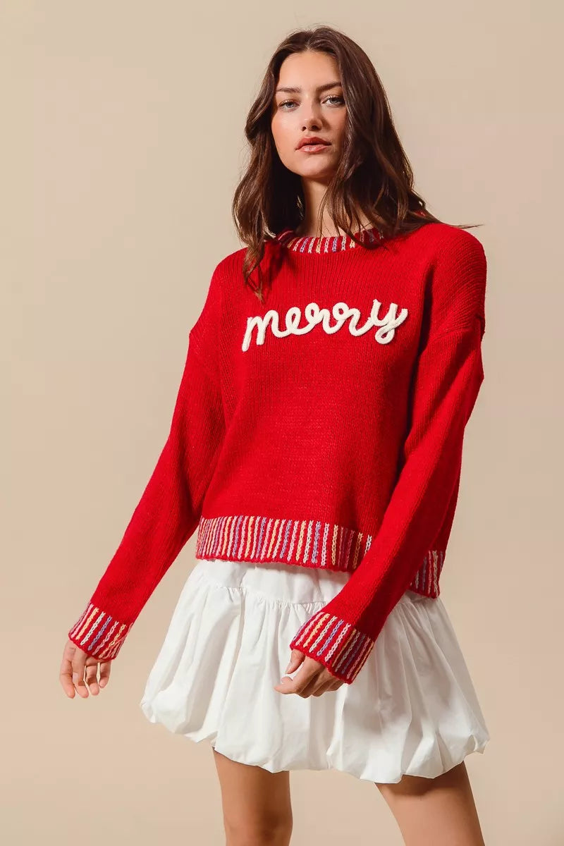 SO ME Merry Lettering Embroidered Christmas Sweater | Sweaters Daverri Fashions