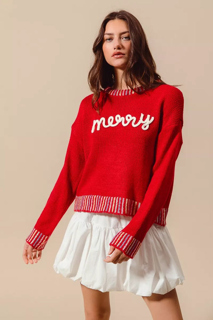 SO ME Merry Lettering Embroidered Christmas Sweater | Sweaters Daverri Fashions