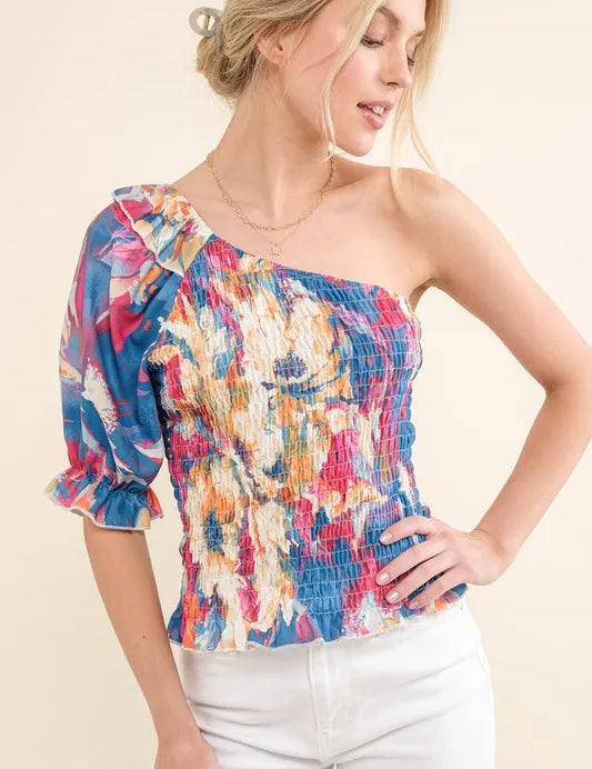 FLORAL And The Why Allover Floral Print Smocked One Shoulder Blouse | Daverri Fashions
