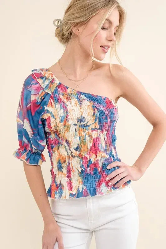 And The Why Allover Floral Print Smocked One Shoulder Blouse - DAVERRI FASHIONS