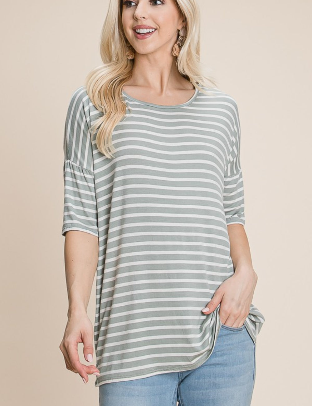 Sage BOMBOM Striped Round Neck T-Shirt | Daverri Fashions