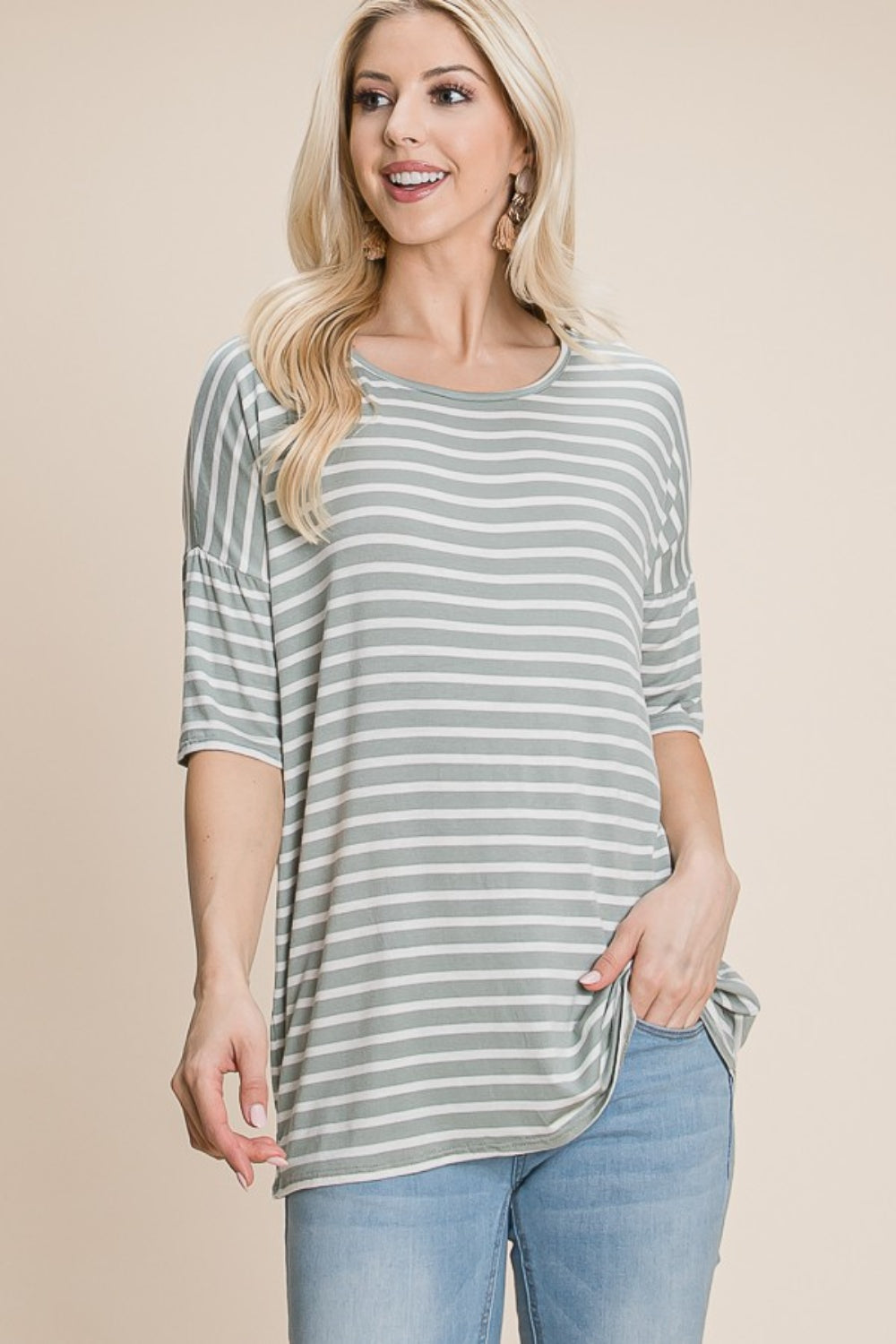 BOMBOM Striped Round Neck T-Shirt Sage