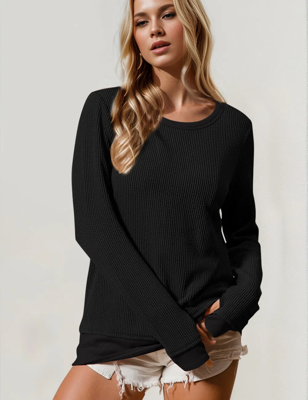 Black Double Take Corded Rib Thumbhole Cuff Round Neck T-Shirt | T-Shirts Daverri Fashions