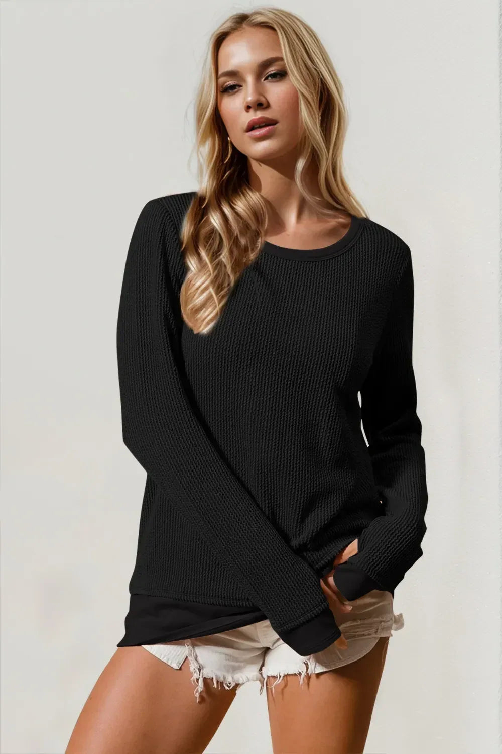 Double Take Corded Rib Thumbhole Cuff Round Neck T-Shirt - DAVERRI FASHIONS