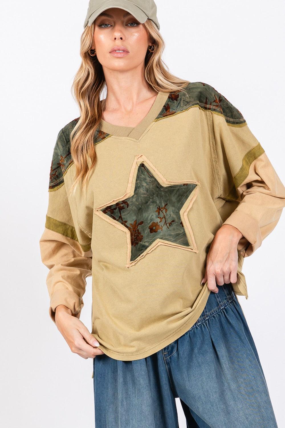SAGE + FIG Star Patch Long Sleeve Color Block T-Shirt Olive T-Shirts