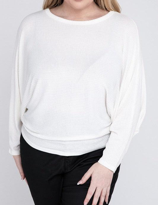 Zenana Plus Batwing Sleeve Knit Top-Casual Comfort IVORY Shirts & Tops