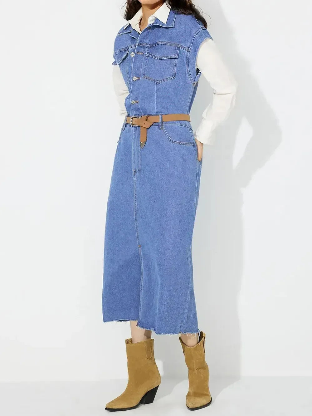 Slit Half Button Collared Neck Cap Sleeve Denim Dress - DAVERRI FASHIONS