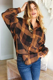Rock'n Plaid Camel & Charcoal Button Down Oversized Shirt | Daverri Fashions