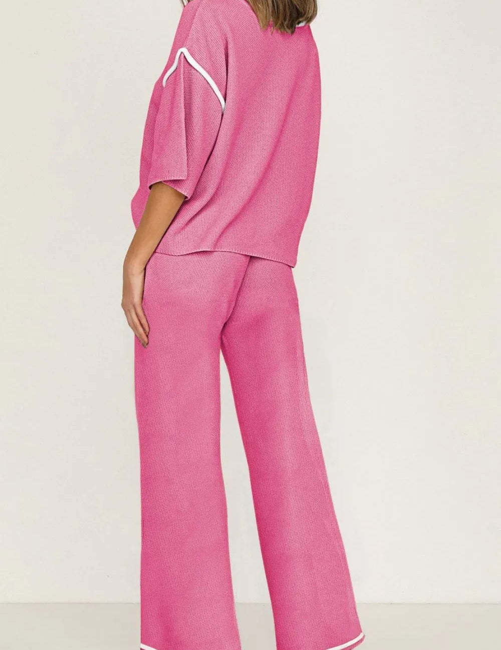 Pink and white striped pajama set with contrast trim