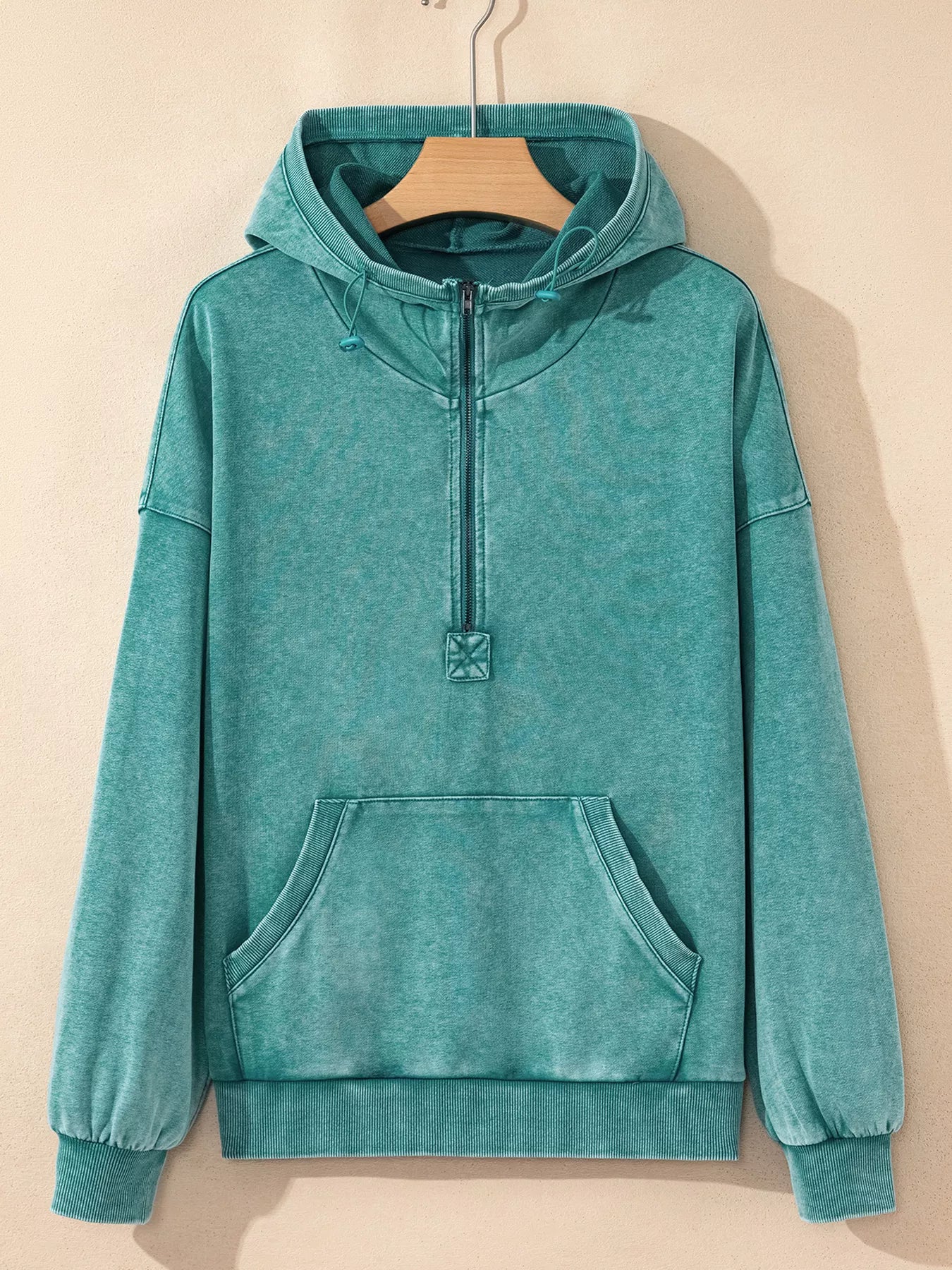Teal women’s half-zip kangaroo pocket mineral wash baggy hoodie