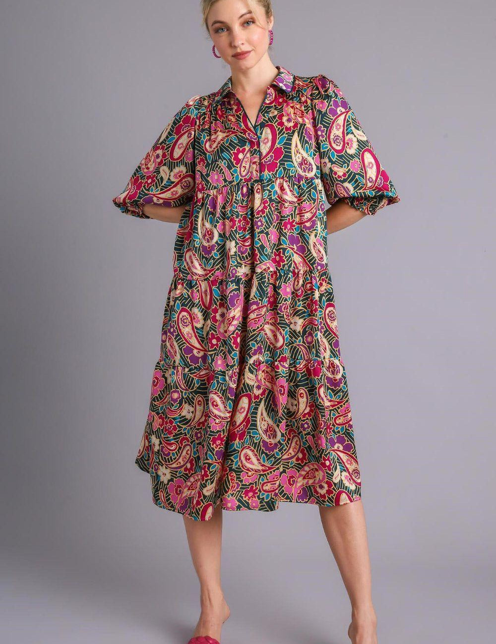 TEALGREEN Umgee Full Size Paisley Print Satin Tiered Midi Dress Plus Size | Mid Dresses Daverri Fashions