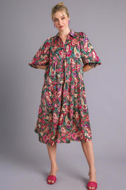 TEALGREEN Umgee Full Size Paisley Print Satin Tiered Midi Dress Plus Size | Mid Dresses Daverri Fashions