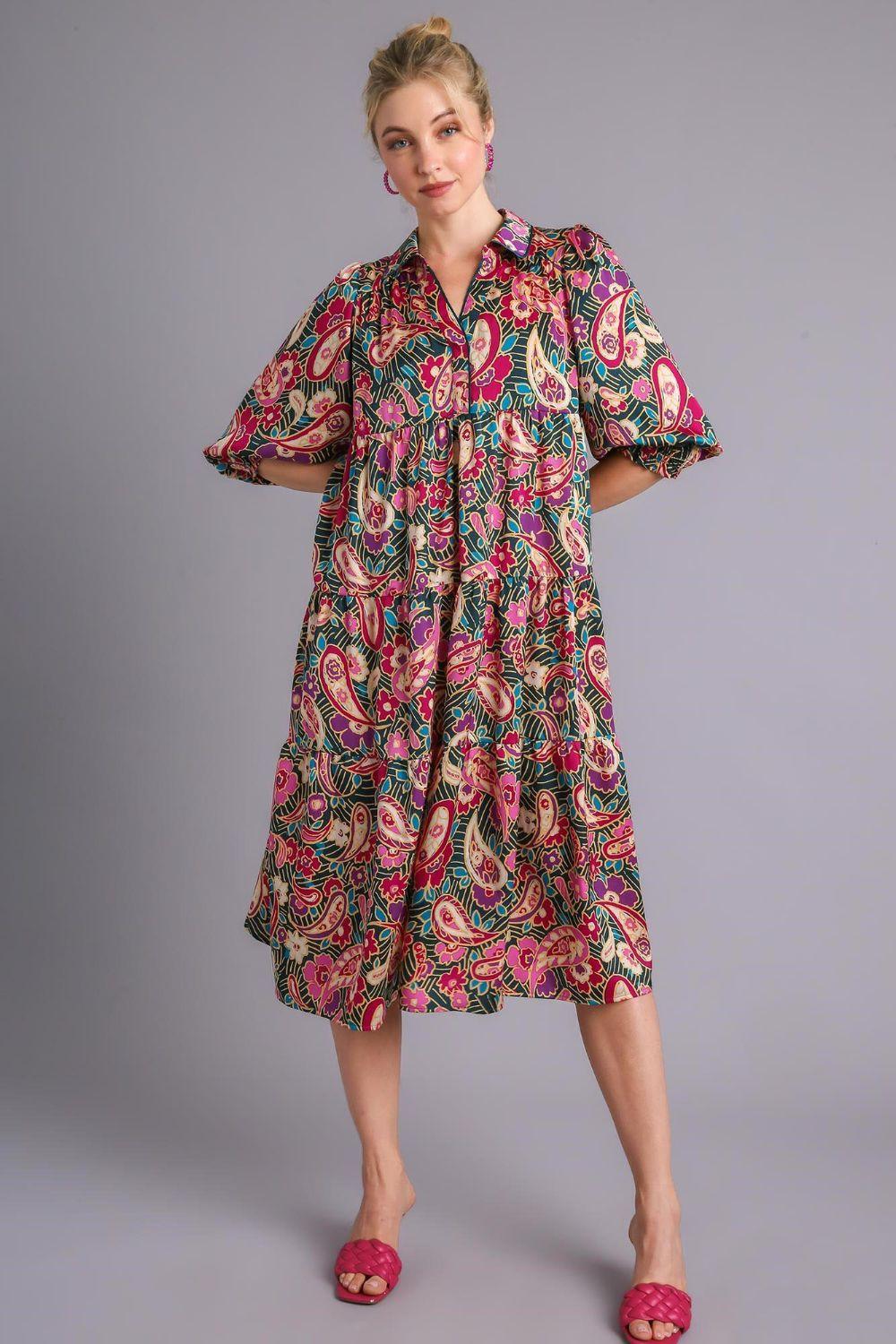 Umgee Full Size Paisley Print Satin Tiered Midi Dress Plus Size TEALGREEN Mid Dresses