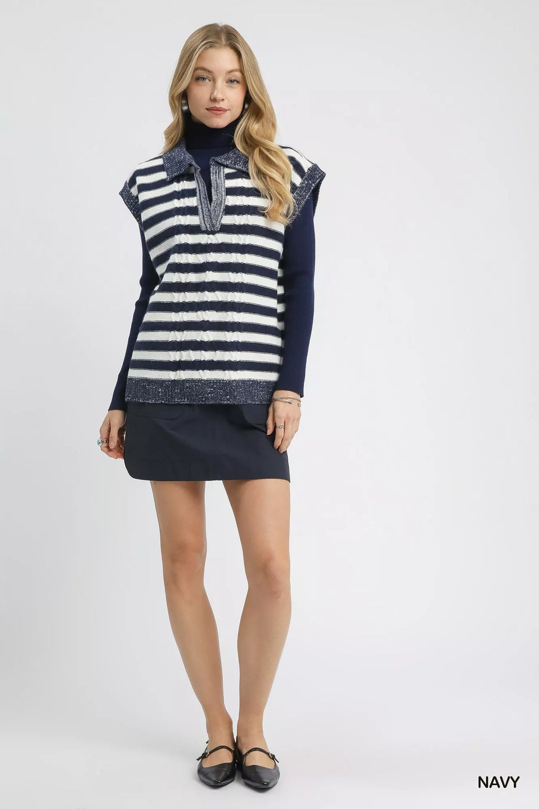 Umgee Cable Knit Collared Striped Vest Sweater | Sweaters Daverri Fashions